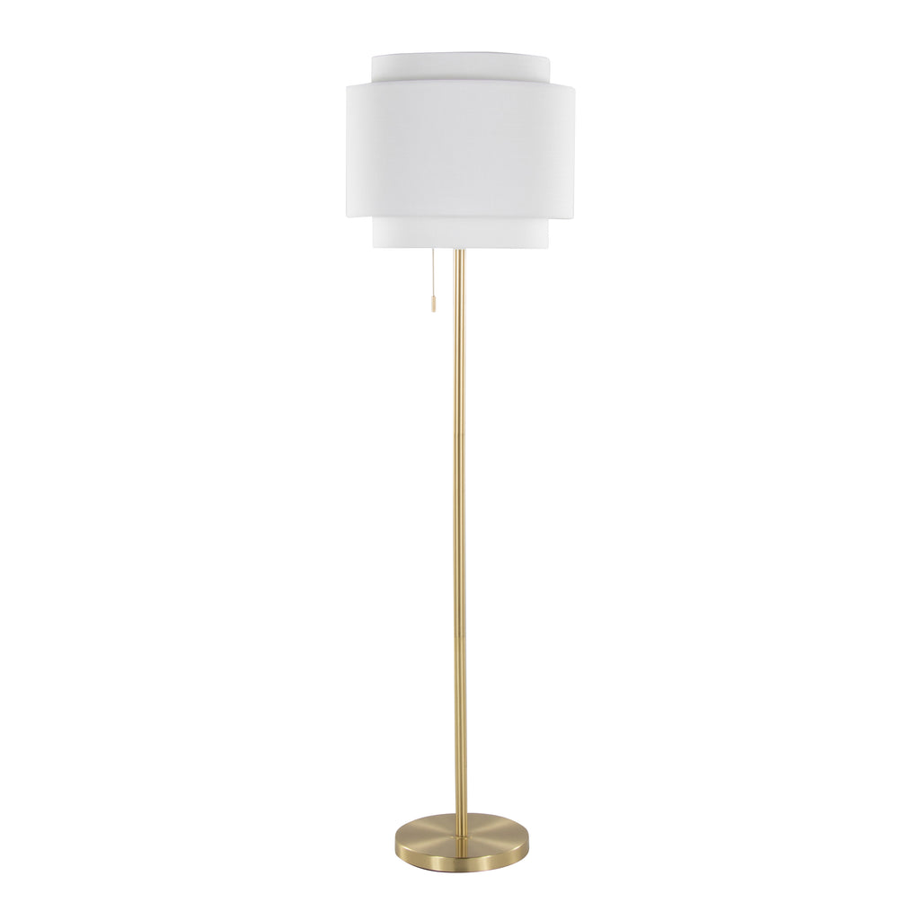 Gold floor lamp with tiered linen shade, image 3 of 6