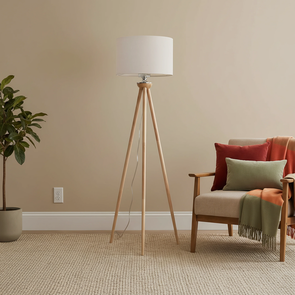Wood tripod floor lamp with drum shade, image 4 of 5