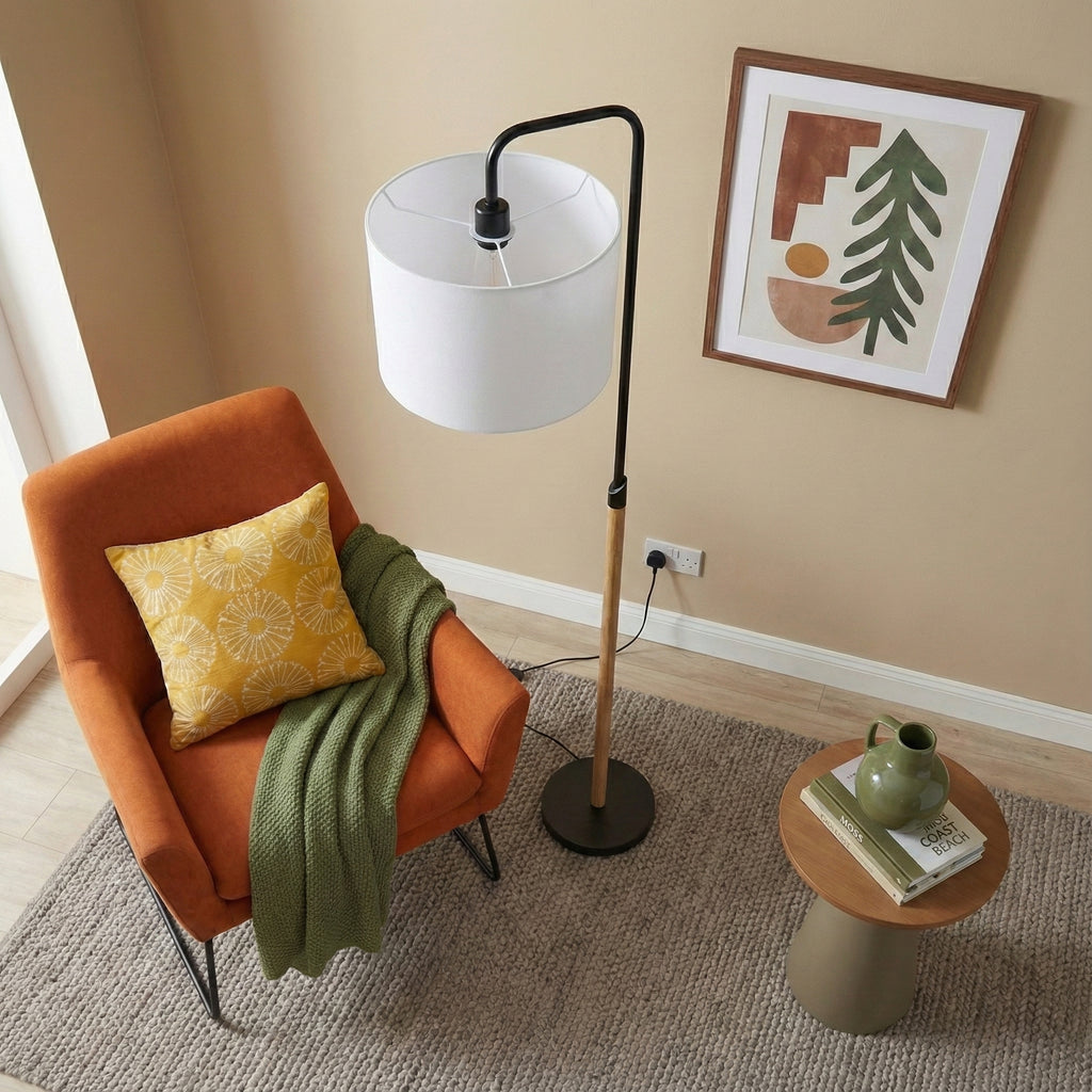 Arched floor lamp with wood pole and white shade, image 2 of 5