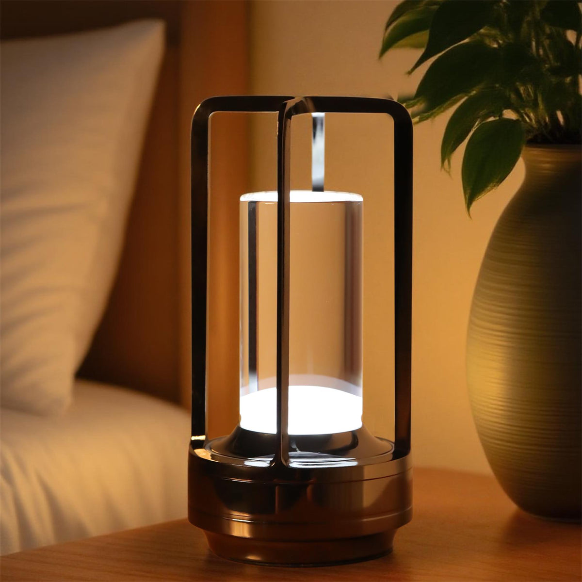 Silver cordless lantern table lamp with clear shade, image 1 of 4