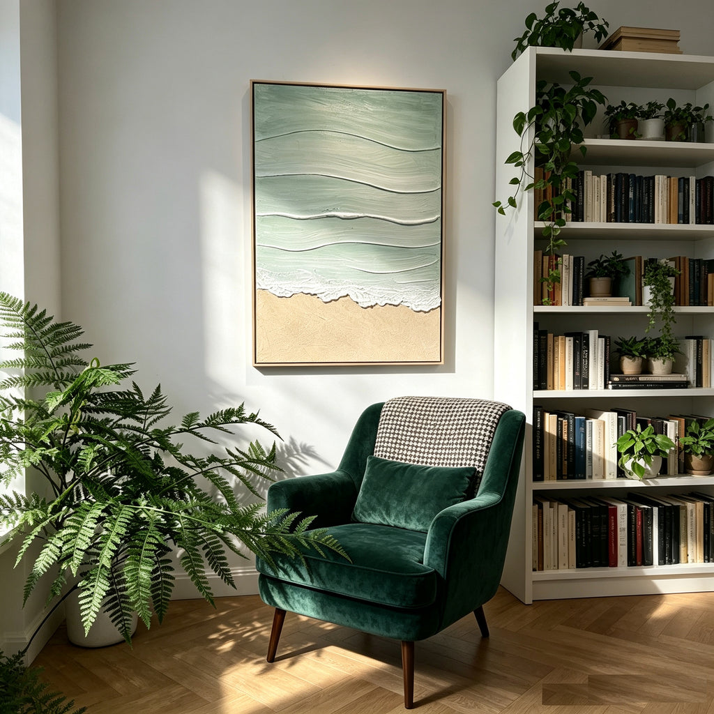 Textured coastal canvas art with mint sea and beige beach, image 2 of 5