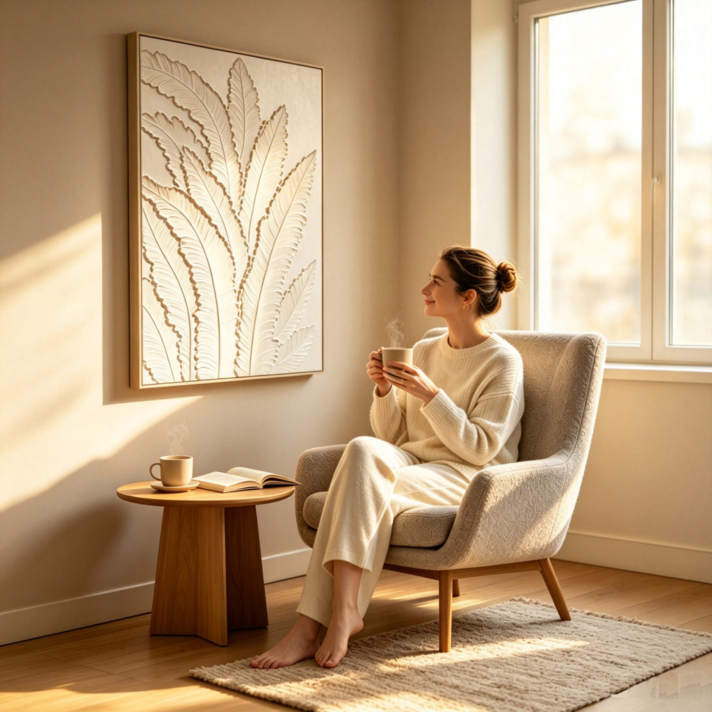 White textured leaf canvas wall art, framed, image 2 of 5