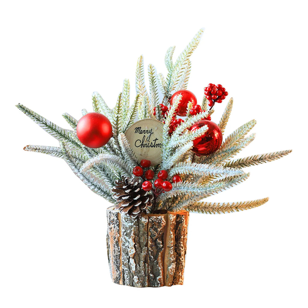 Frosted tabletop Christmas tree in a bark pot, image 3 of 6