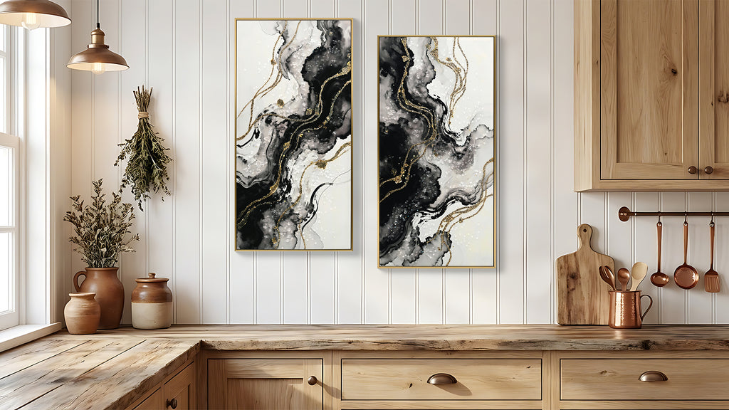 Black and gold abstract framed canvas set of two, image 1 of 4