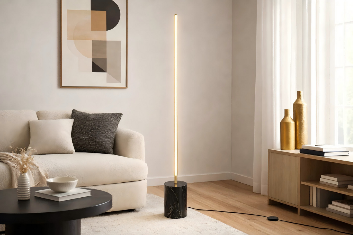 Brass LED light bar floor lamp in a living room corner, image 4 of 4