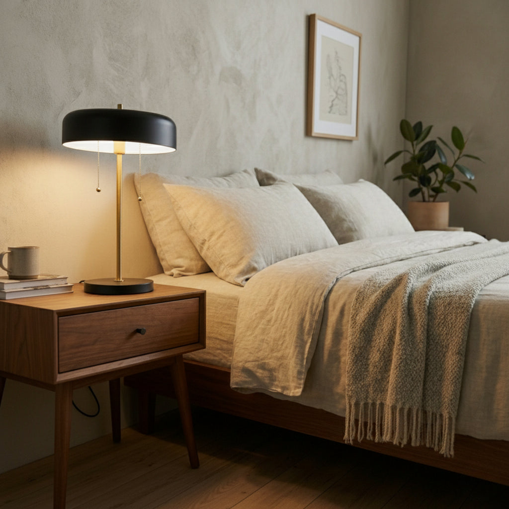 Black drum table lamp with brass stem and pull chains, image 3 of 5