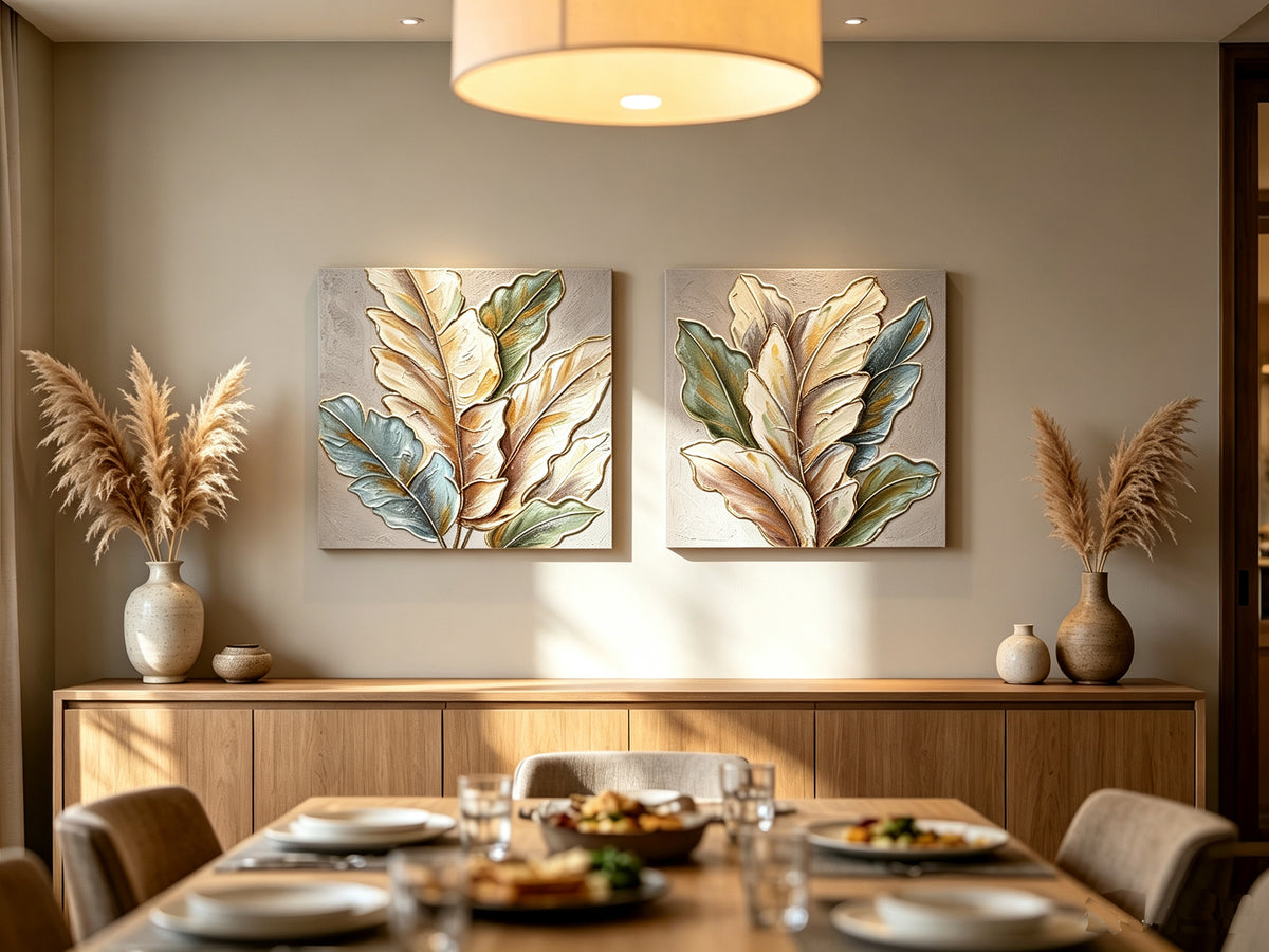 Set of 2 textured leaf canvas panels, image 3 of 5