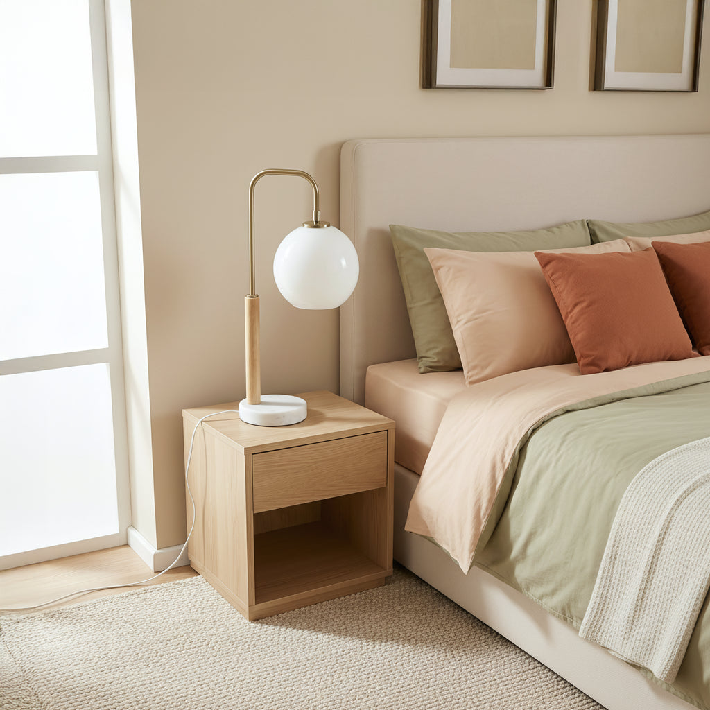White globe table lamp with wood stem and marble base, image 5 of 5