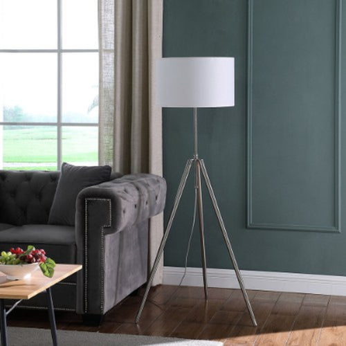 Adjustable silver tripod floor lamp with white drum shade