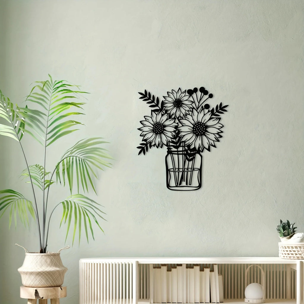 Black metal sunflower jar wall art, image 2 of 6