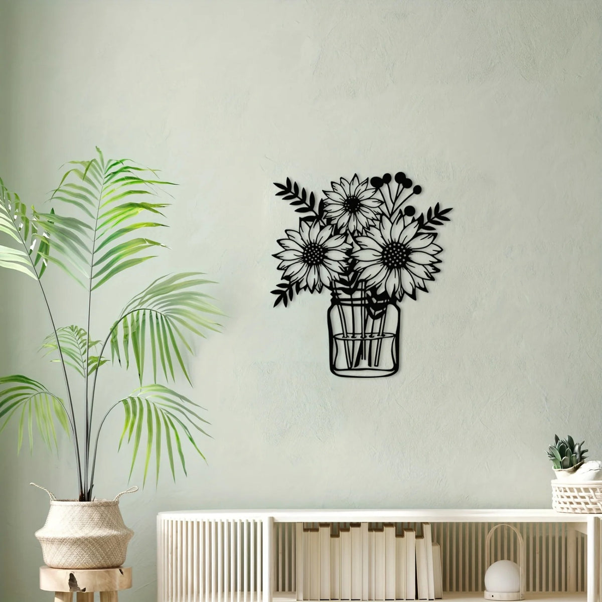 Black metal sunflower jar wall art, image 2 of 6