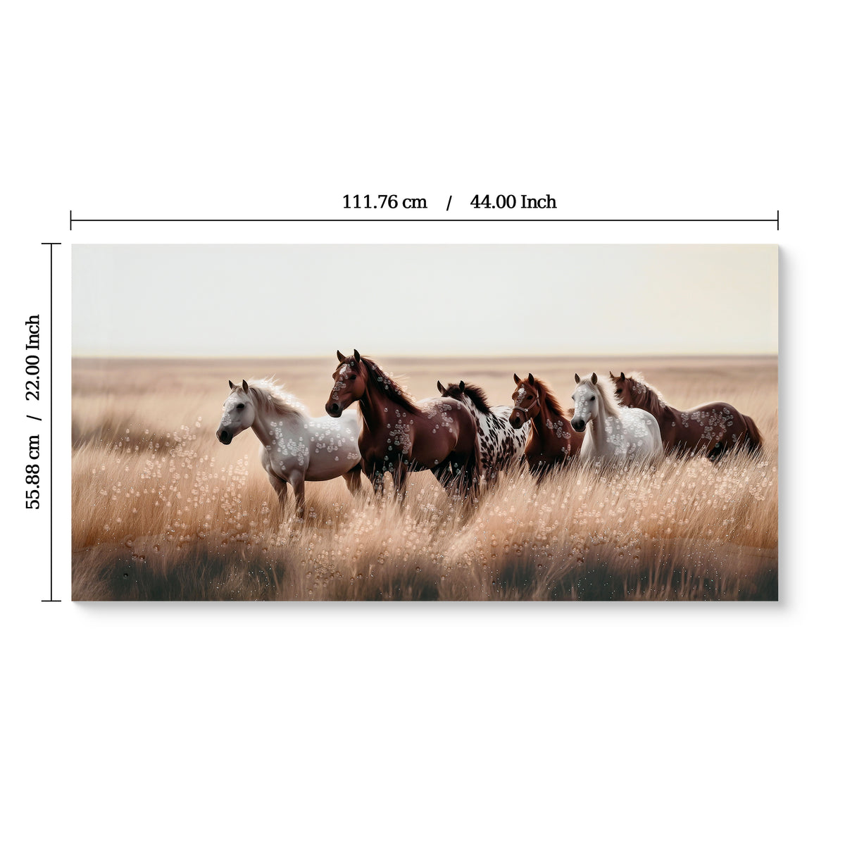Canvas of horses in golden grassland above a sofa, image 4 of 4