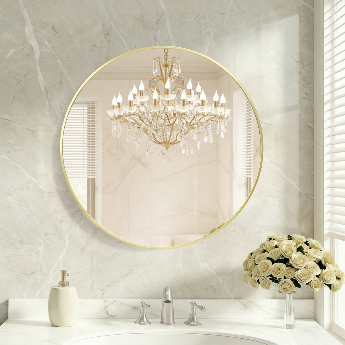 Round gold-framed wall mirror