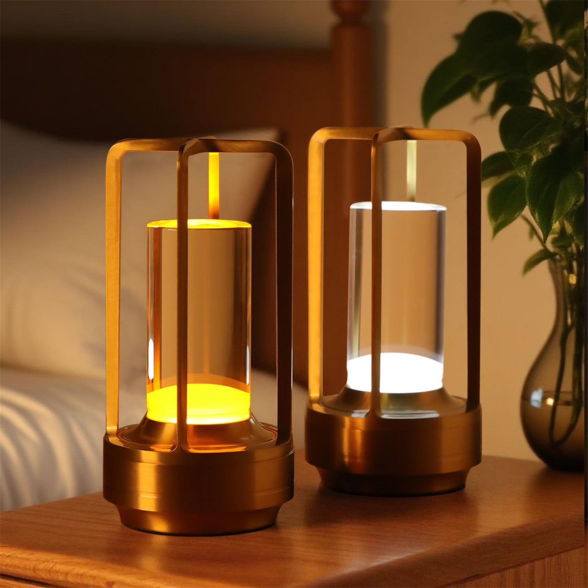 Gold cordless lantern table lamp with clear shade, image 2 of 5