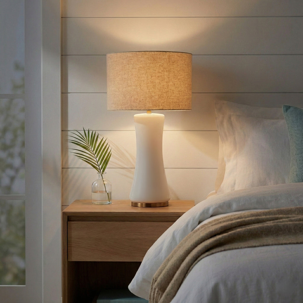 Off-white glass table lamp with gold base and fabric drum shade, image 1 of 5