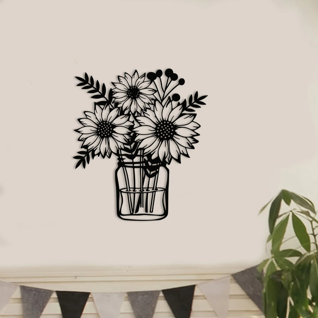 Black metal sunflower jar wall art, image 1 of 6