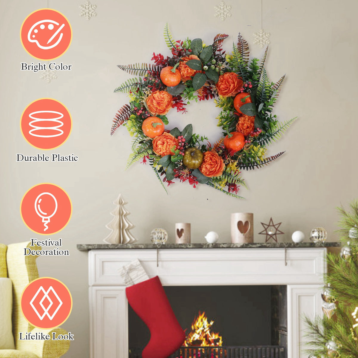 Autumn wreath with pumpkins, berries and leaves, image 3 of 4