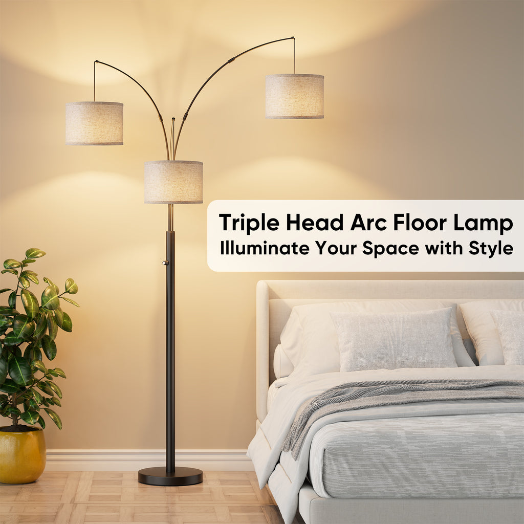 Black three-arm arc floor lamp with drum shades, image 2 of 4