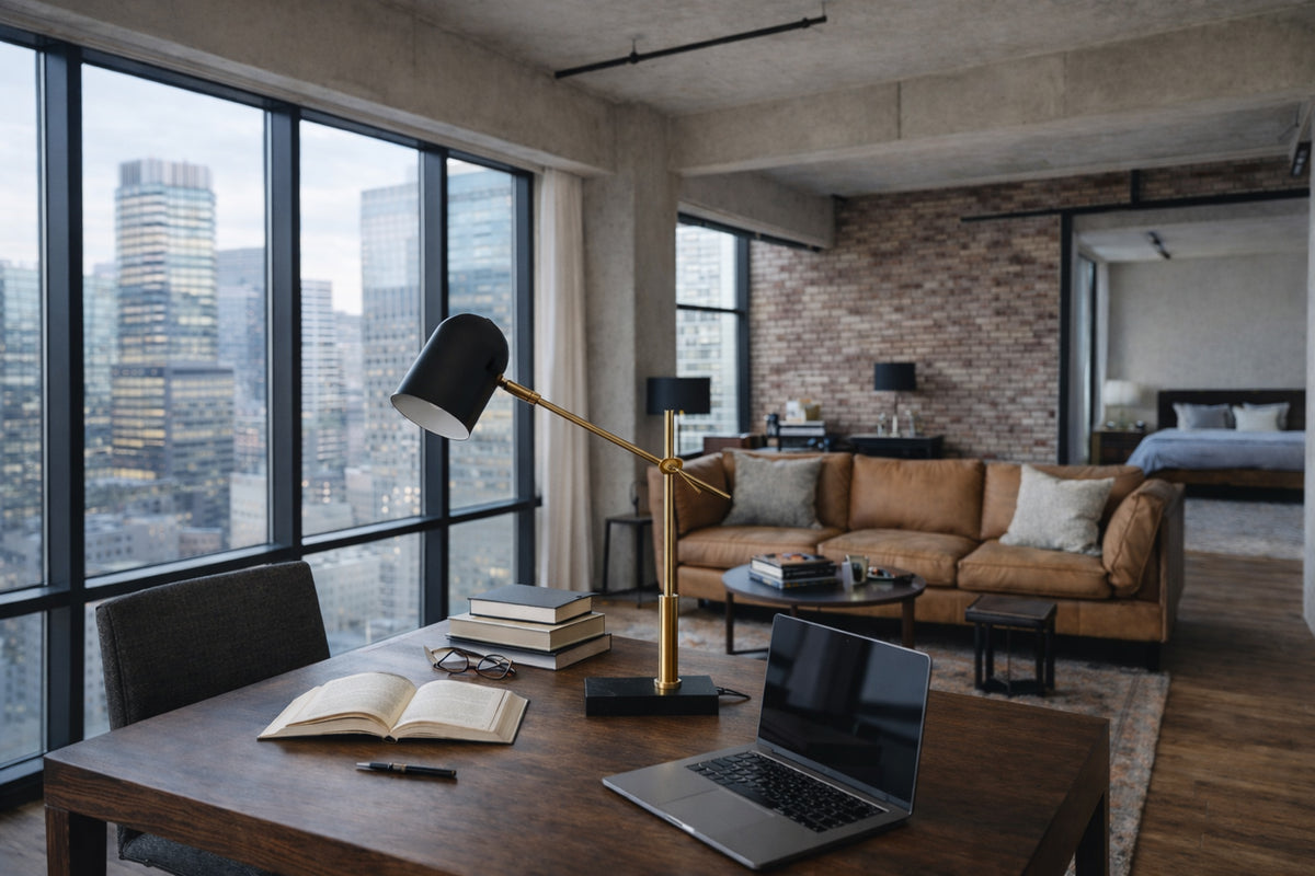 Black dome desk lamp with brass arm on a marble base, image 5 of 5