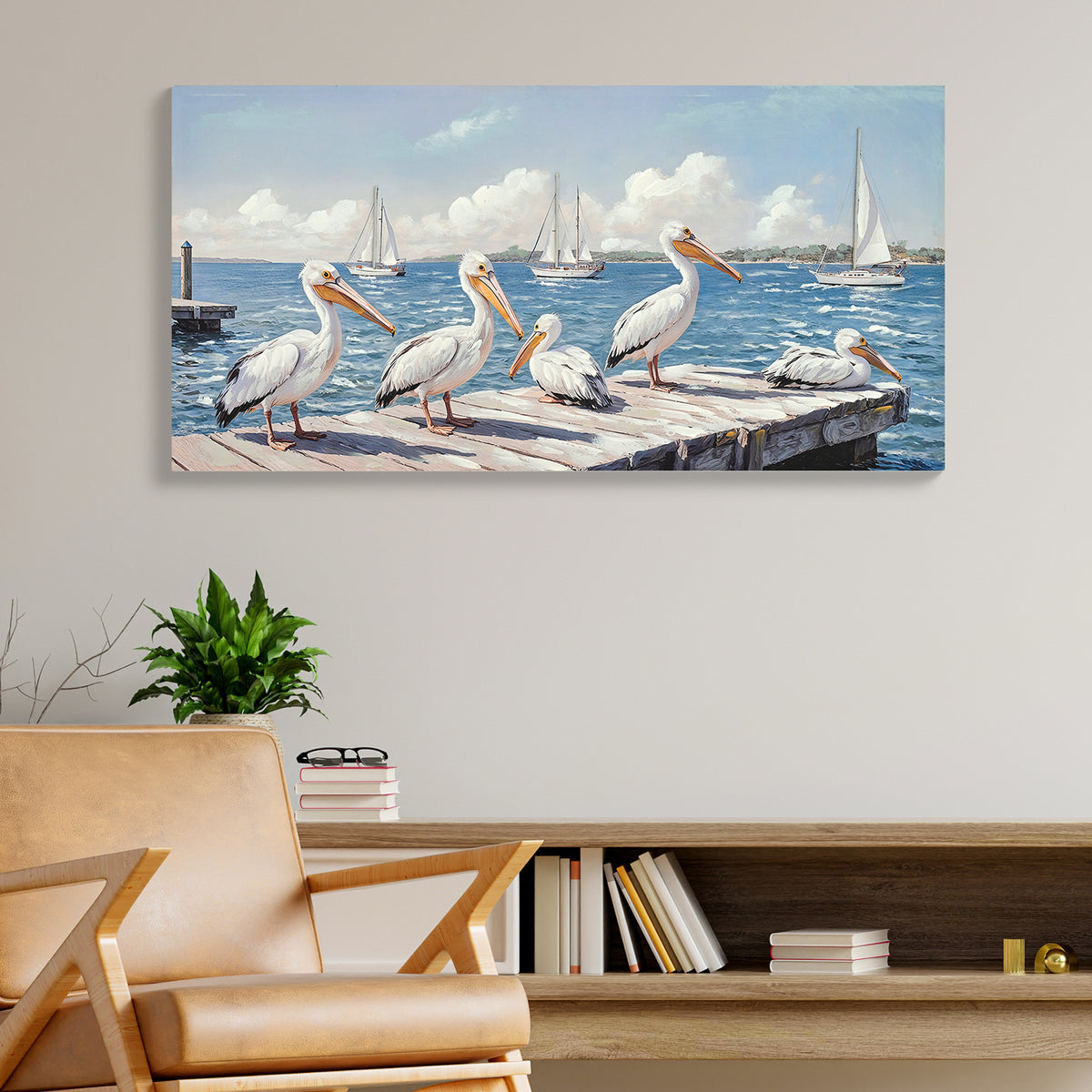 Pelicans on a dock coastal canvas wall art, image 1 of 5