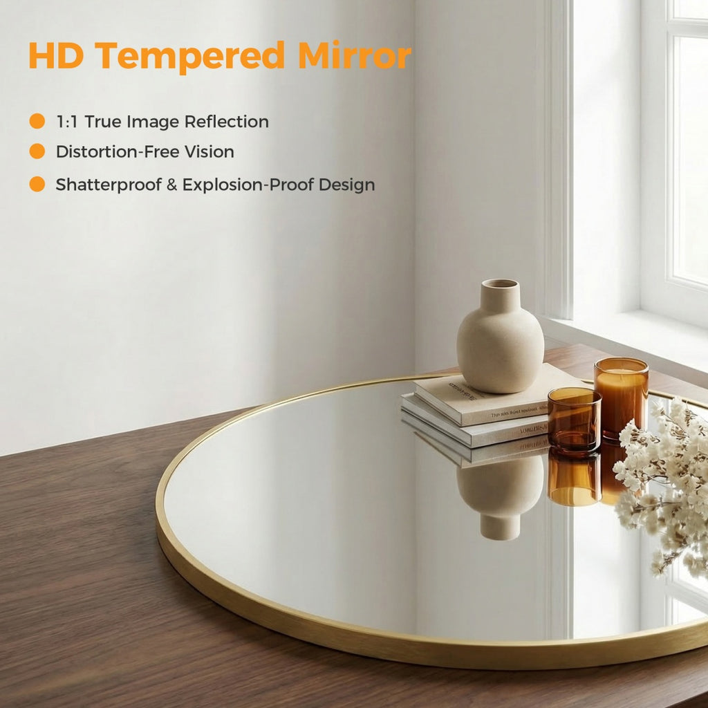 Round gold-framed wall mirror over a bathroom vanity, image 2 of 4