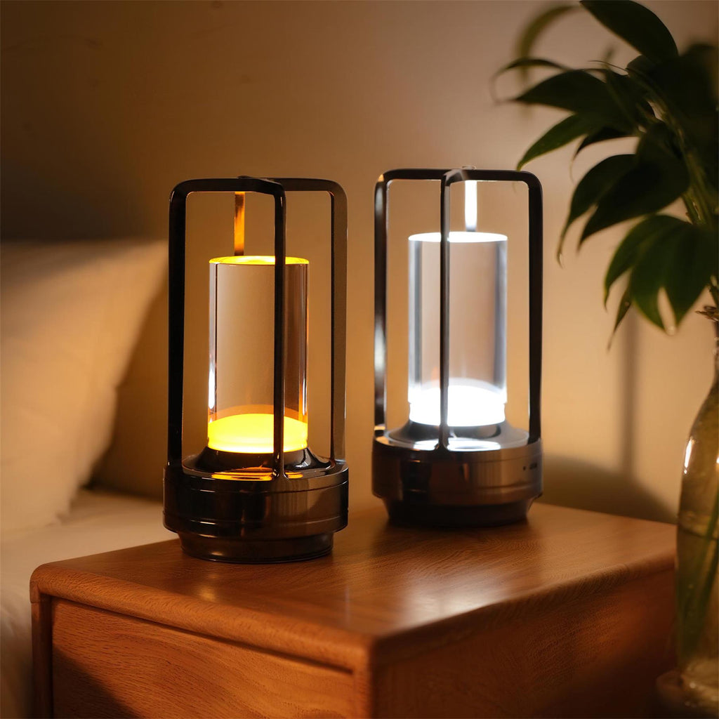 Silver cordless lantern table lamp with clear shade, image 2 of 4
