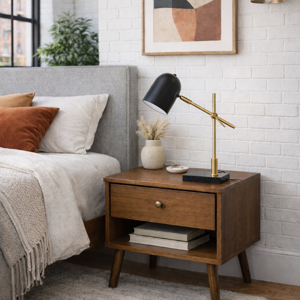 Black dome desk lamp with brass arm on a marble base, image 2 of 5