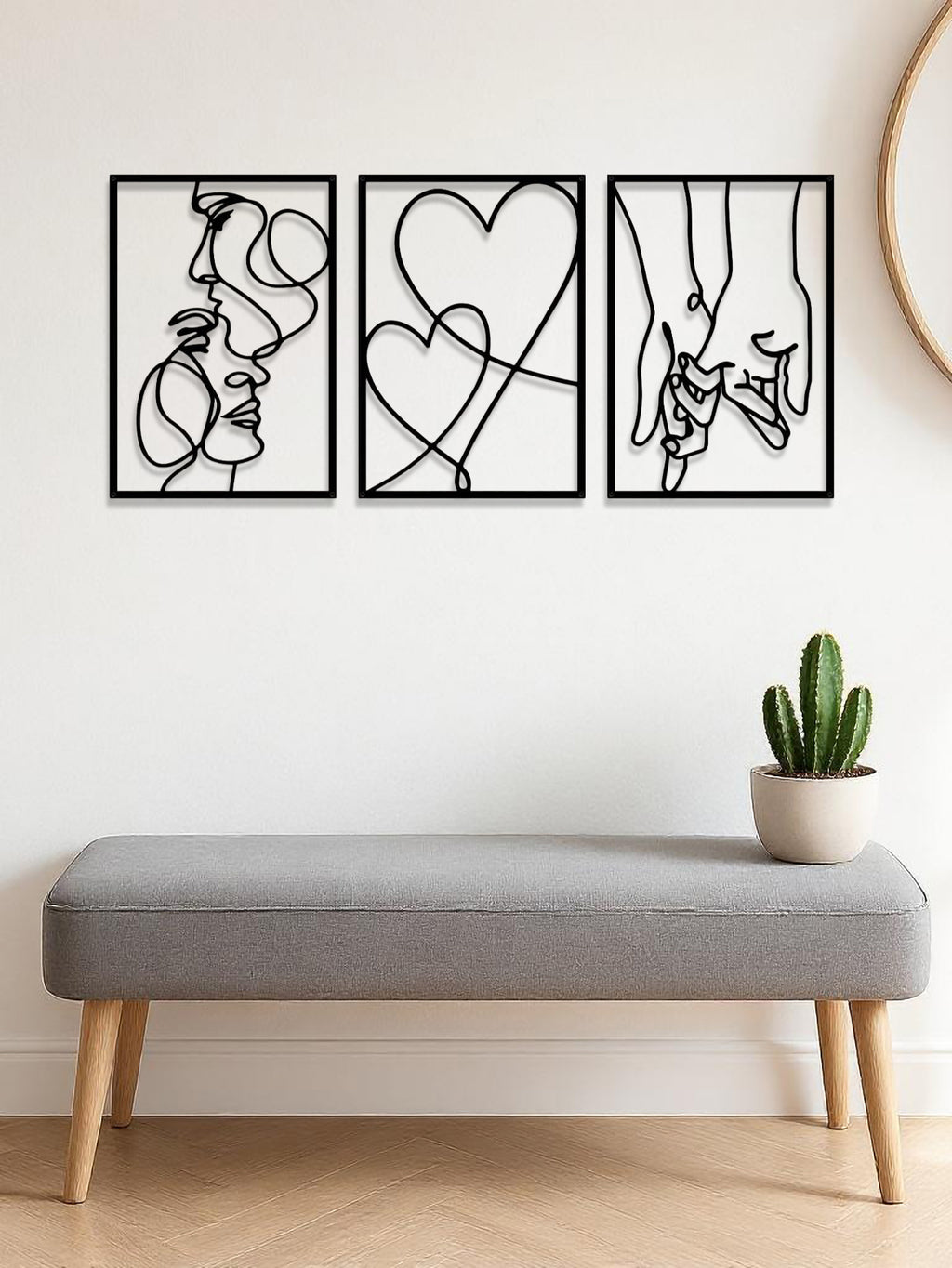 Three black metal line-art panels of a couple and a heart, image 3 of 5
