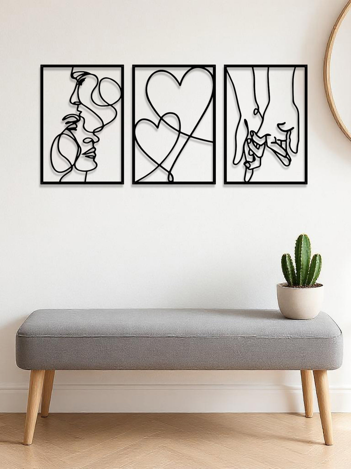 Three black metal line-art panels of a couple and a heart, image 3 of 5