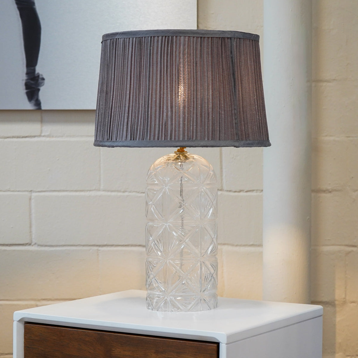 Cut glass table lamp with pleated gray shade, image 2 of 5