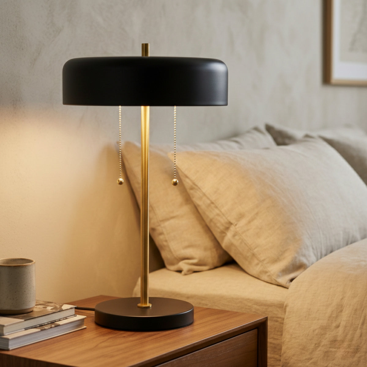 Black drum table lamp with brass stem and pull chains, image 1 of 5
