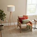Wood tripod floor lamp with drum shade, image 1 of 5