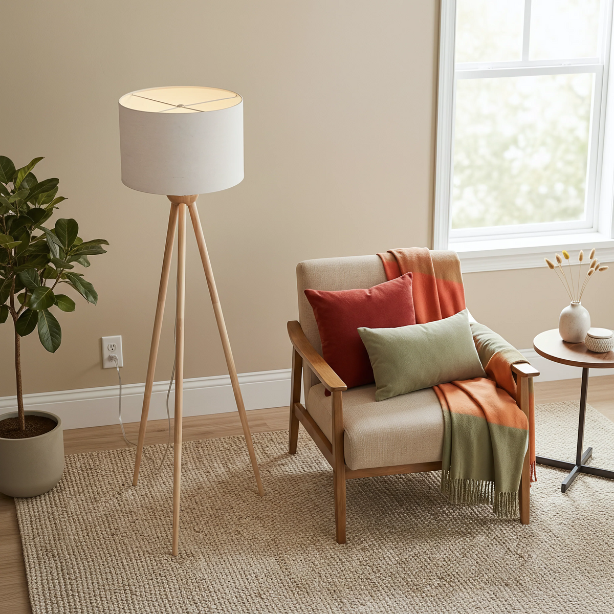 Wood tripod floor lamp with drum shade, image 1 of 5