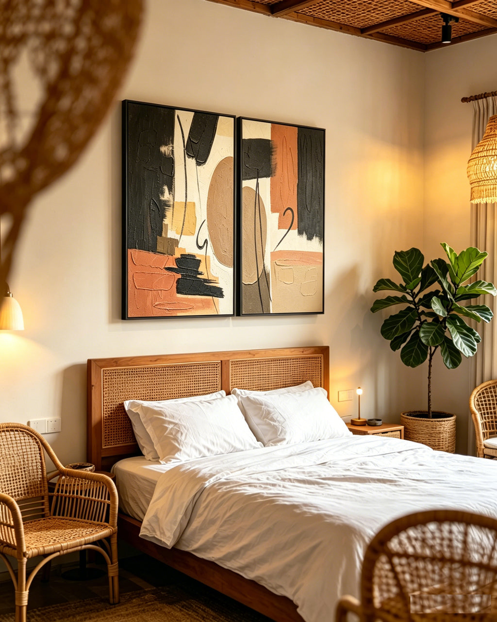 Set of 2 framed abstract canvas panels in black and terracotta, image 3 of 5