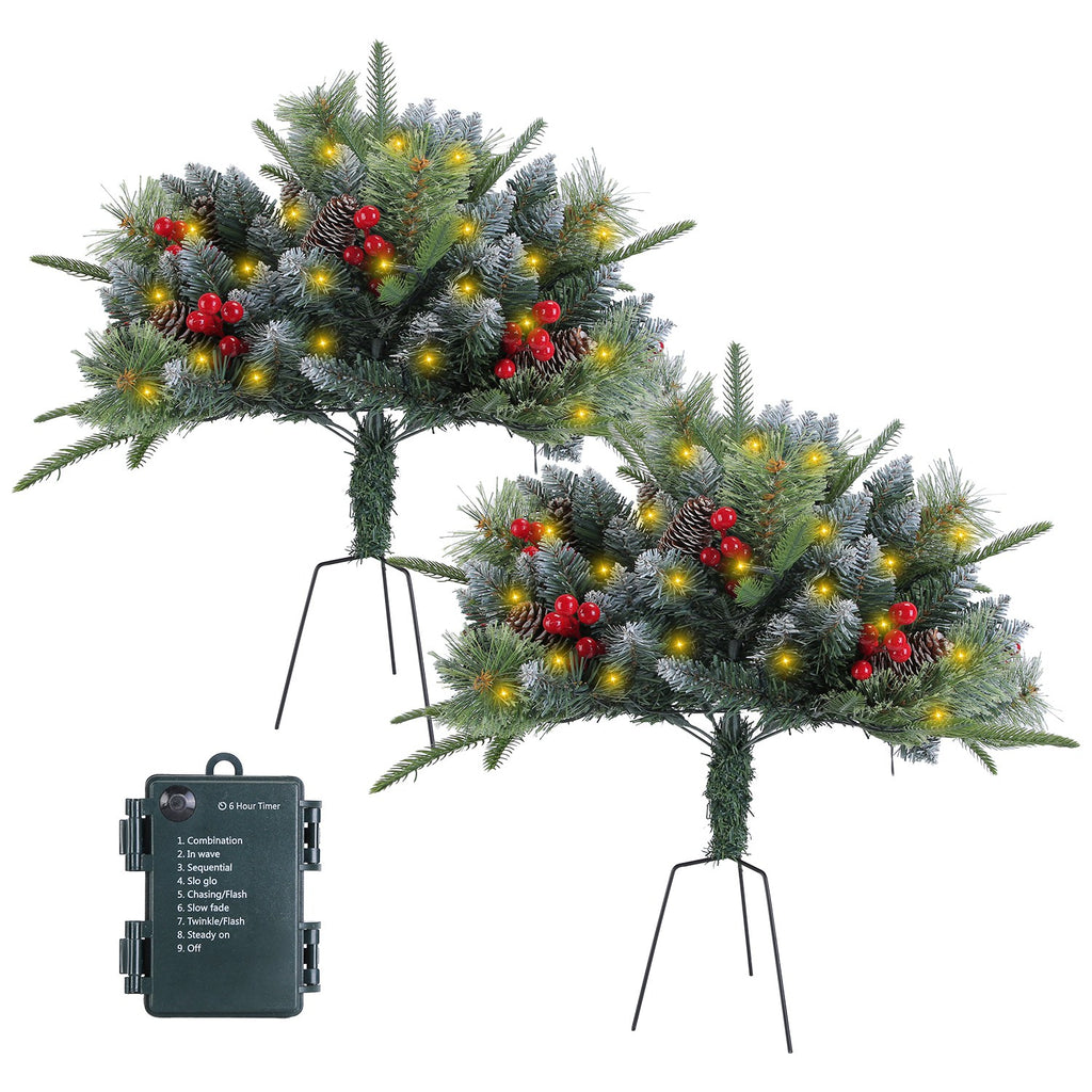 Two lighted Christmas urn fillers with pine cones, image 1 of 4