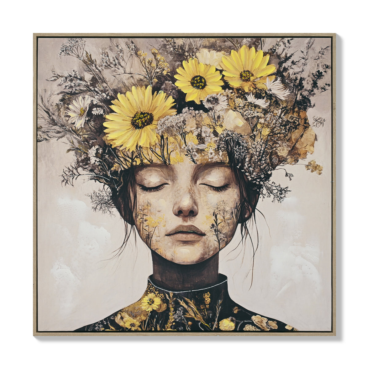 Framed canvas of a woman with yellow sunflowers, image 1 of 4