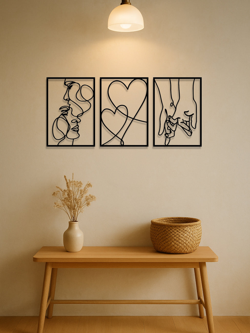 Three black metal line-art panels of a couple and a heart, image 5 of 5