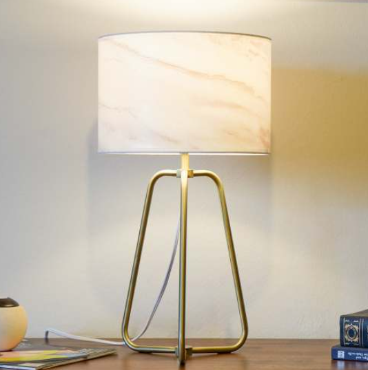 Bronze-tone table lamp with marble-print shade, image 1 of 5