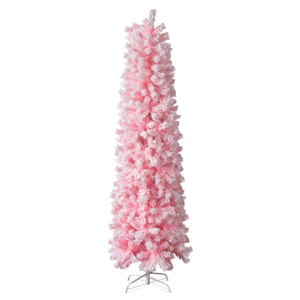 Pink snow-flocked pencil Christmas tree by a staircase, image 3 of 6