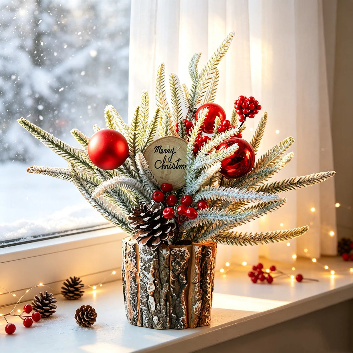 Frosted tabletop Christmas tree in a bark pot, image 6 of 6