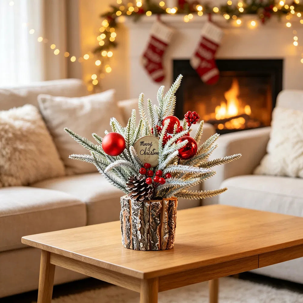 Frosted tabletop Christmas tree in a bark pot, image 1 of 6