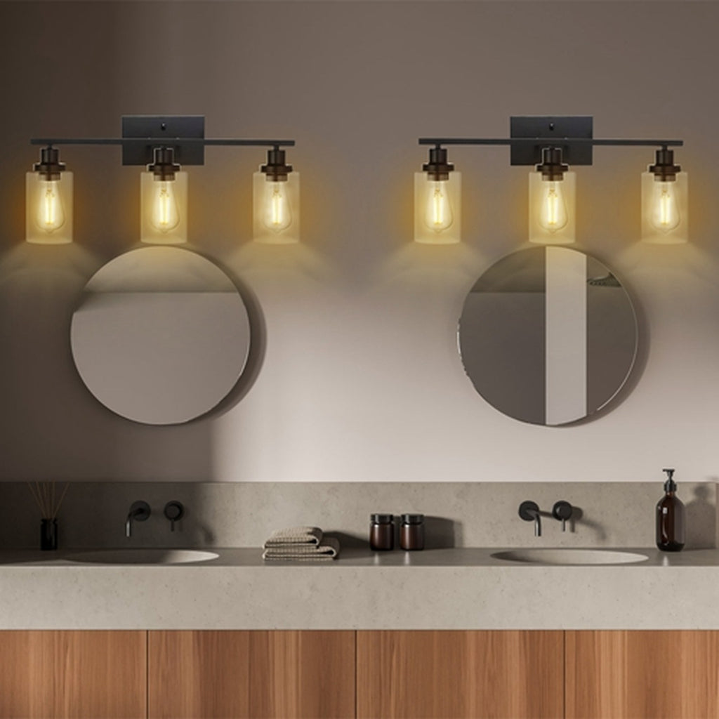 3 light matte black wall sconce with clear glass shades, image 5 of 9