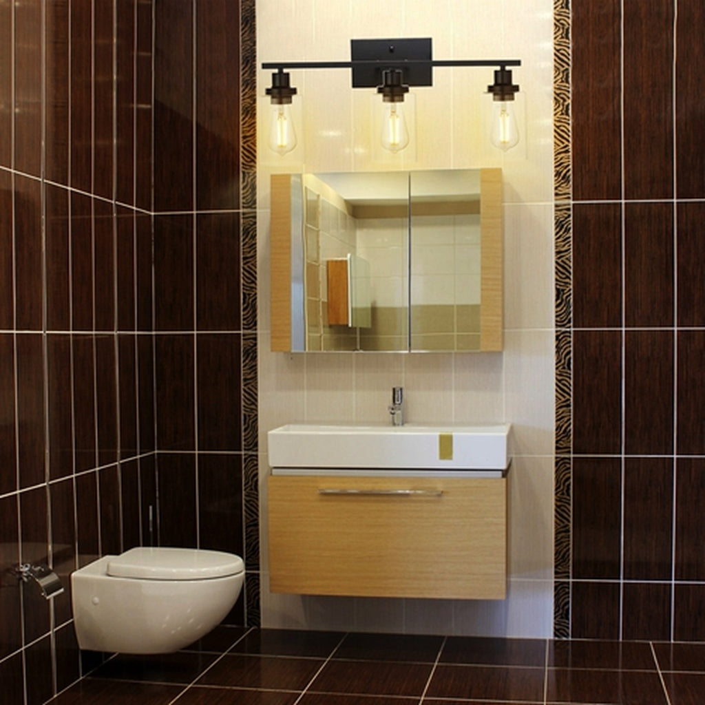 3 light matte black wall sconce with clear glass shades, image 6 of 9