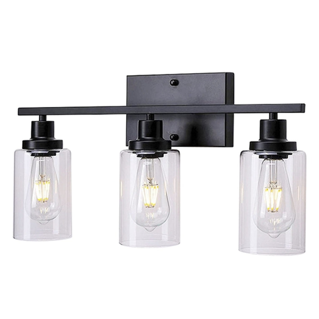 3 light matte black wall sconce with clear glass shades, image 7 of 9