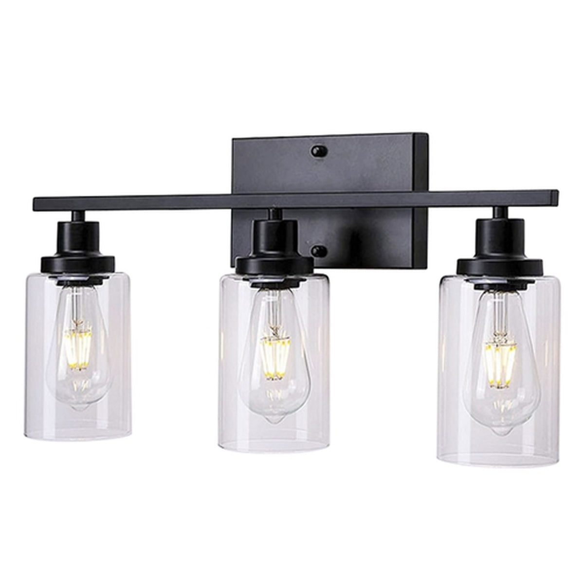 3 light matte black wall sconce with clear glass shades, image 7 of 9