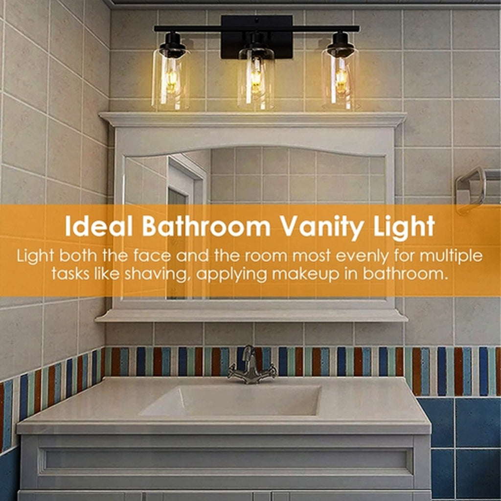 3 light matte black wall sconce with clear glass shades, image 9 of 9