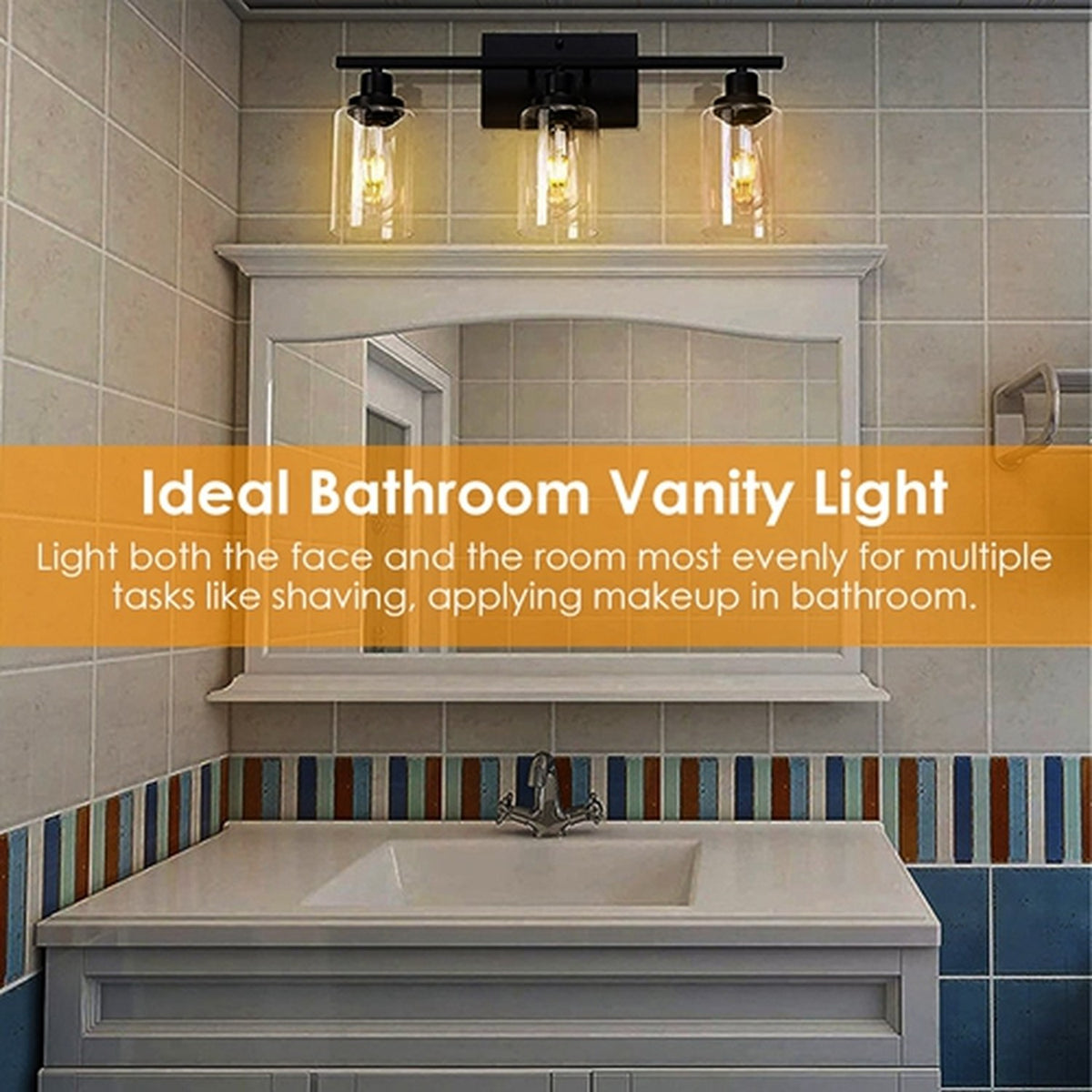 3 light matte black wall sconce with clear glass shades, image 9 of 9