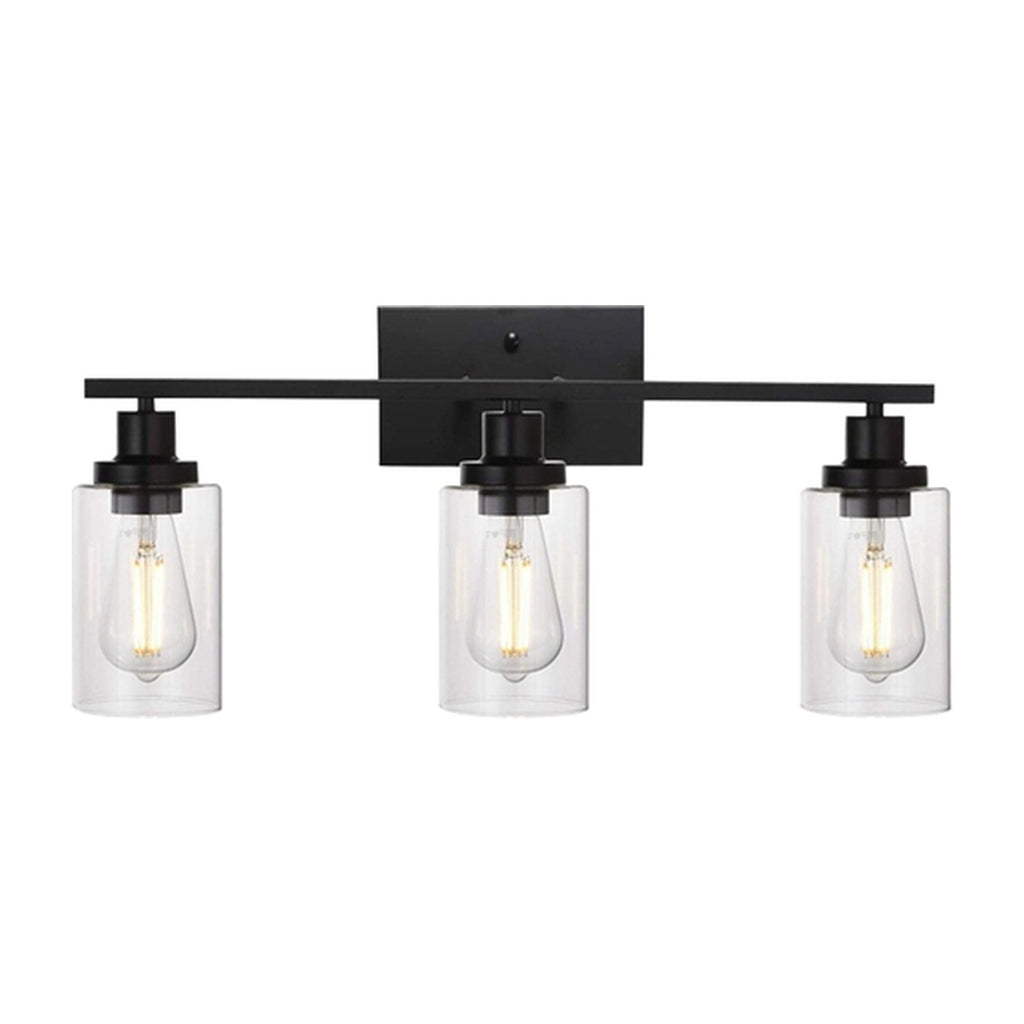 3 light matte black wall sconce with clear glass shades, image 1 of 9