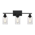 3 light matte black wall sconce with clear glass shades, image 1 of 9