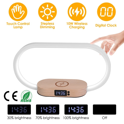 Bedside touch table lamp with clock and wireless charging, image 3 of 8